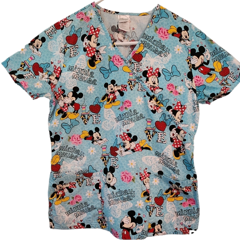 Disney Mickey & Minnie Mouse Love Hearts Floral Blue Multi Women's Size Small.